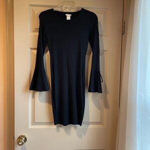 Main Strip Black Ribbed Dress w/Flared Sleeves & Open Thread Arm‎ Detail, Size S